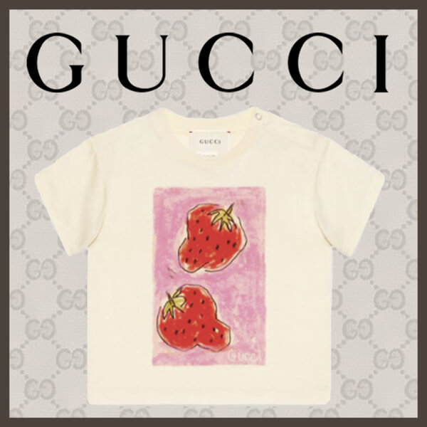 グッチ いちご コピー Tシャツ ロゴ 2025新作 ホワイト ユニセックス いちご 果物 白 539081 XJA2J 7136