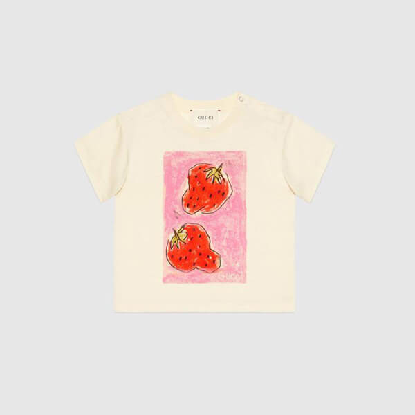 グッチ いちご コピー Tシャツ ロゴ 2025新作 ホワイト ユニセックス いちご 果物 白 539081 XJA2J 7136