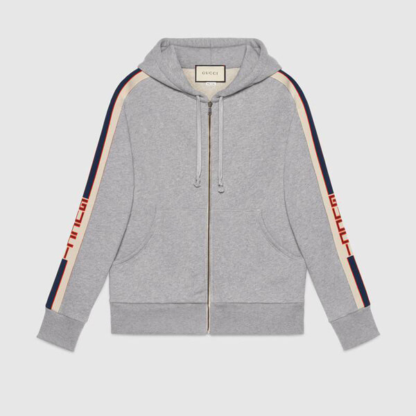 【グッチ】コピーフード付き ストライプ ジップアップスウェットシャツ93117X