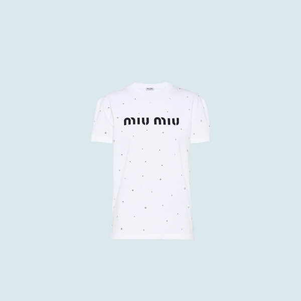 ミュウミュウ★偽物 装飾付 ジャージー TシャツMJN240_1XE1_F0009