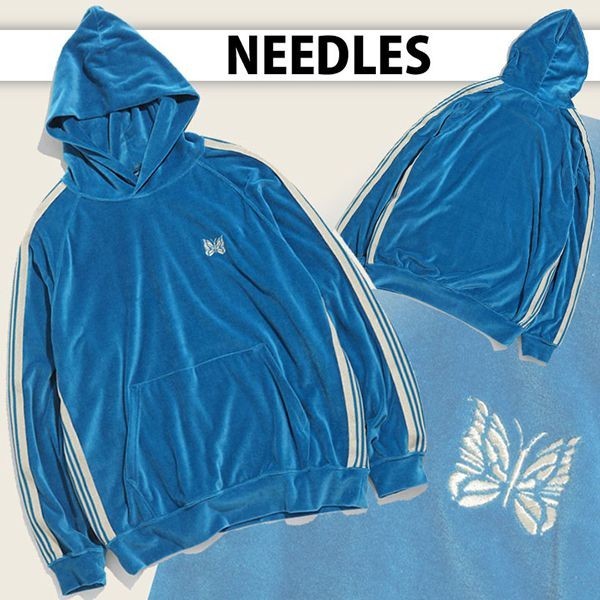 2022ss★NEEDLES 偽物 ベロア素材 ロゴ入りトラックフーディ 青/白 22030801